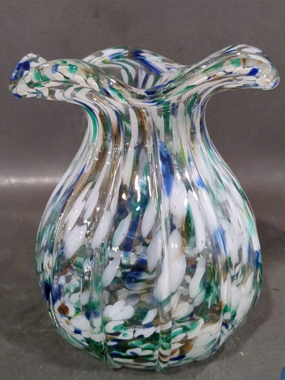 Murano Italy Confetti Ruffled Art Glass Hand Blown Mid Century Vase NWOT